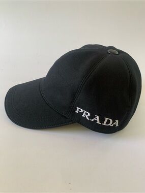 Authentic Prada Black Cap with White Embroidered Logo and leather accents